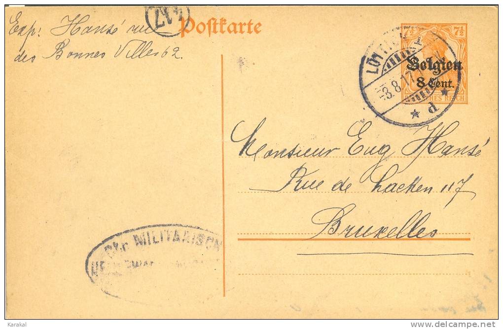 Belgique Occupation Gouvernement Général 10 1916 Censure 417 Lüttich Liège à Bruxelles 03 Août 1917 - German Occupation