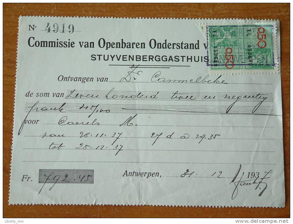 Commissie Van Openbare Onderstand Van ANTWERPEN - Stuyvenberggasthuis ( Zr Cammelbeke - 1937 ! - Lettres De Change