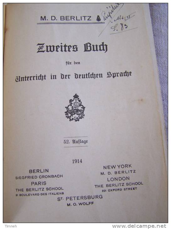 M.D.BERLITZ 1914 Zweites Buch für den Unterricht in der deutschen Sprache GOTISCH WOLFF