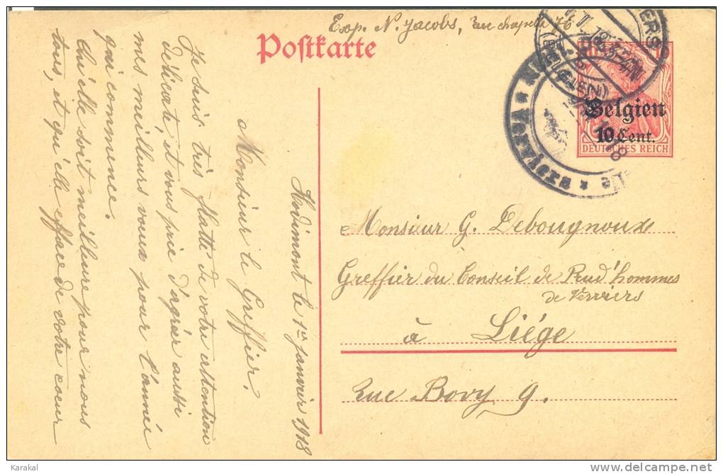 Belgique Occupation Gouvernement Général 12 1917 Censure Verviers à Liège 1 Janvier 1918 - German Occupation