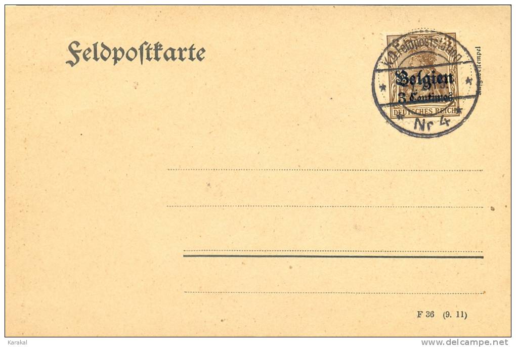 Belgique Occupation Gouvernement Général Feldpostkarte F36 (9.11) Ausgabestempel OC1 KD Feldpoststation Nr 4 - Deutsche Armee