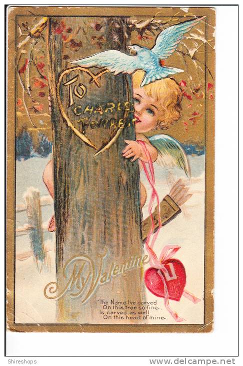 Embossed Valentine Child Angel Cupid Name Carved In Tree Charles Torres - Saint-Valentin