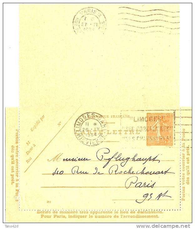 REF LBON4 - EP CARTE LETTRE SEMEUSE LIGNEE 50c DATE 211 VOYAGEE LIMOGES / PARIS 26/4/1934 - Kaartbrieven