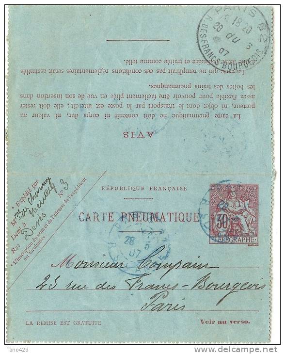 REF LBON4 - EP CARTE LETTRE PNEUMATIQUE CHAPLAIN 30c VOYAGEE - Neumáticos