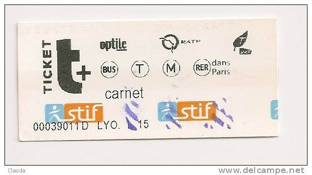 15 T - TICKET RATP -  METRO - BUS - RER  Dans PARIS - Europe