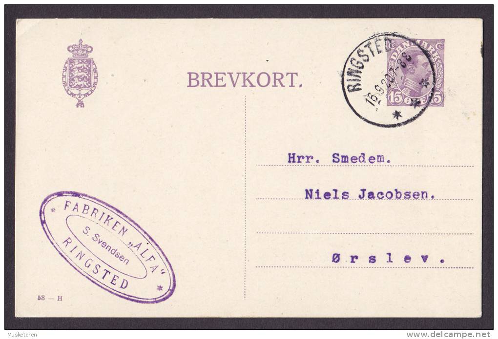 Denmark Postal Stationery Ganzsache Entier FABRIKEN "ALFA" S. Svendsen RINGSTED 1920 To ØRSLEV (2 Scans) - Entiers Postaux