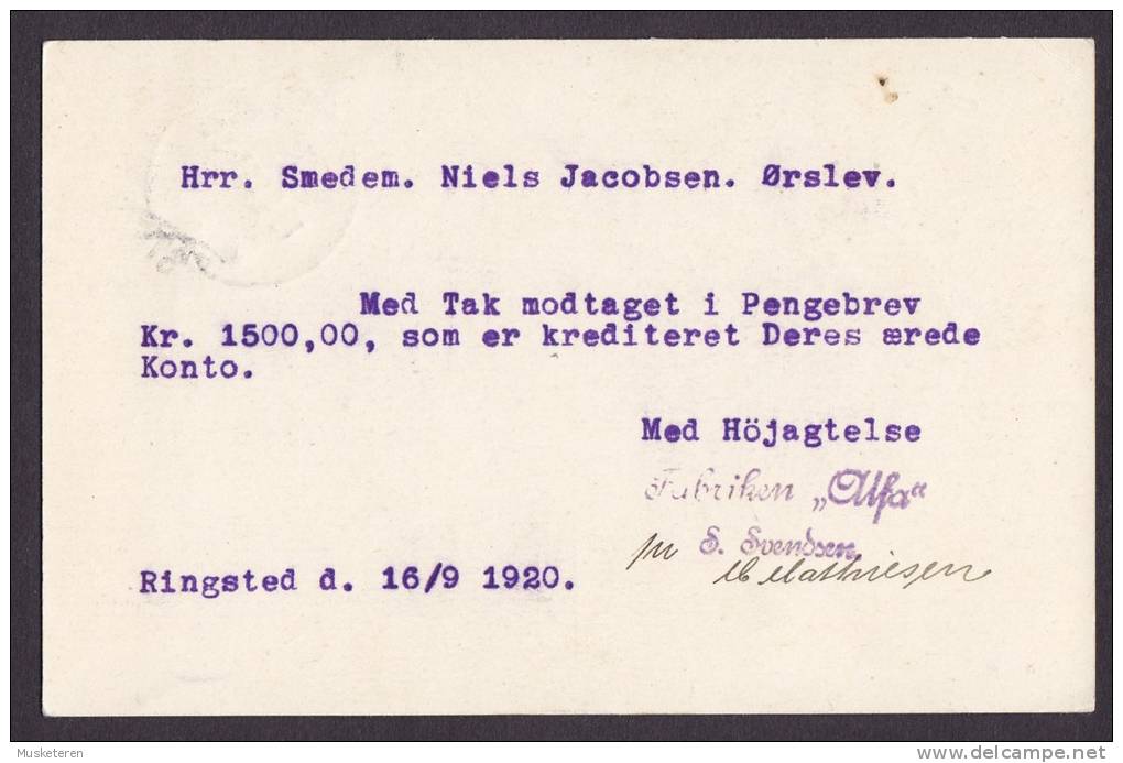 Denmark Postal Stationery Ganzsache Entier FABRIKEN "ALFA" S. Svendsen RINGSTED 1920 To ØRSLEV (2 Scans) - Entiers Postaux