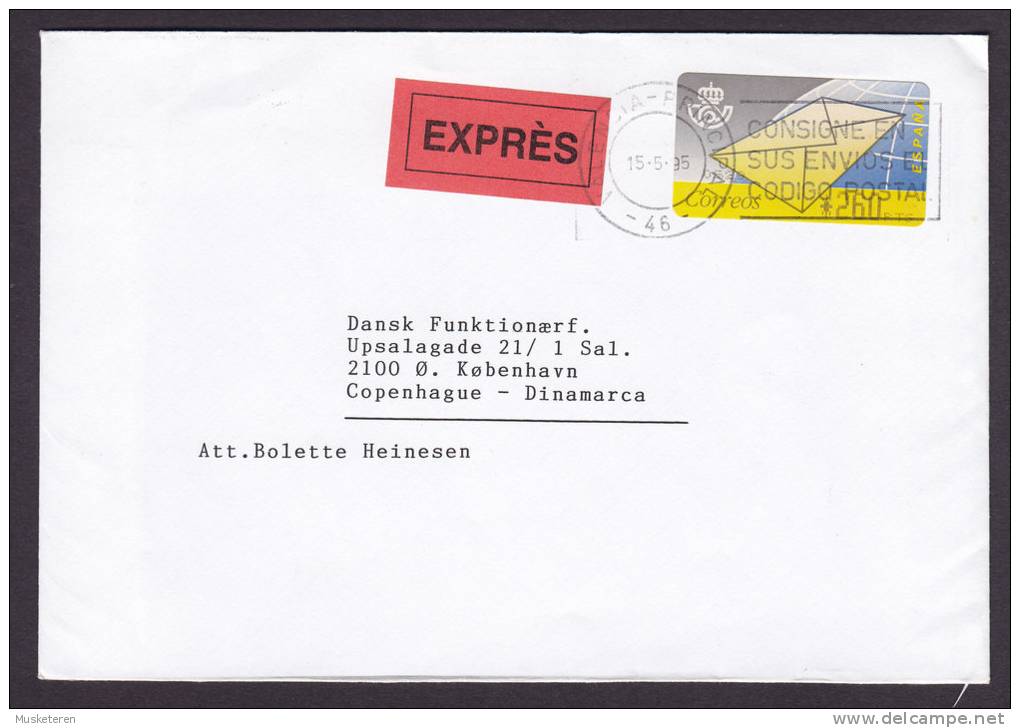 Spain EXPRÉS Label VALENCIA ATM / Frama Label 1995 Cover To KØBENHAVN Dinamarca Denmark (2 Scans) - Maschinenstempel (EMA)