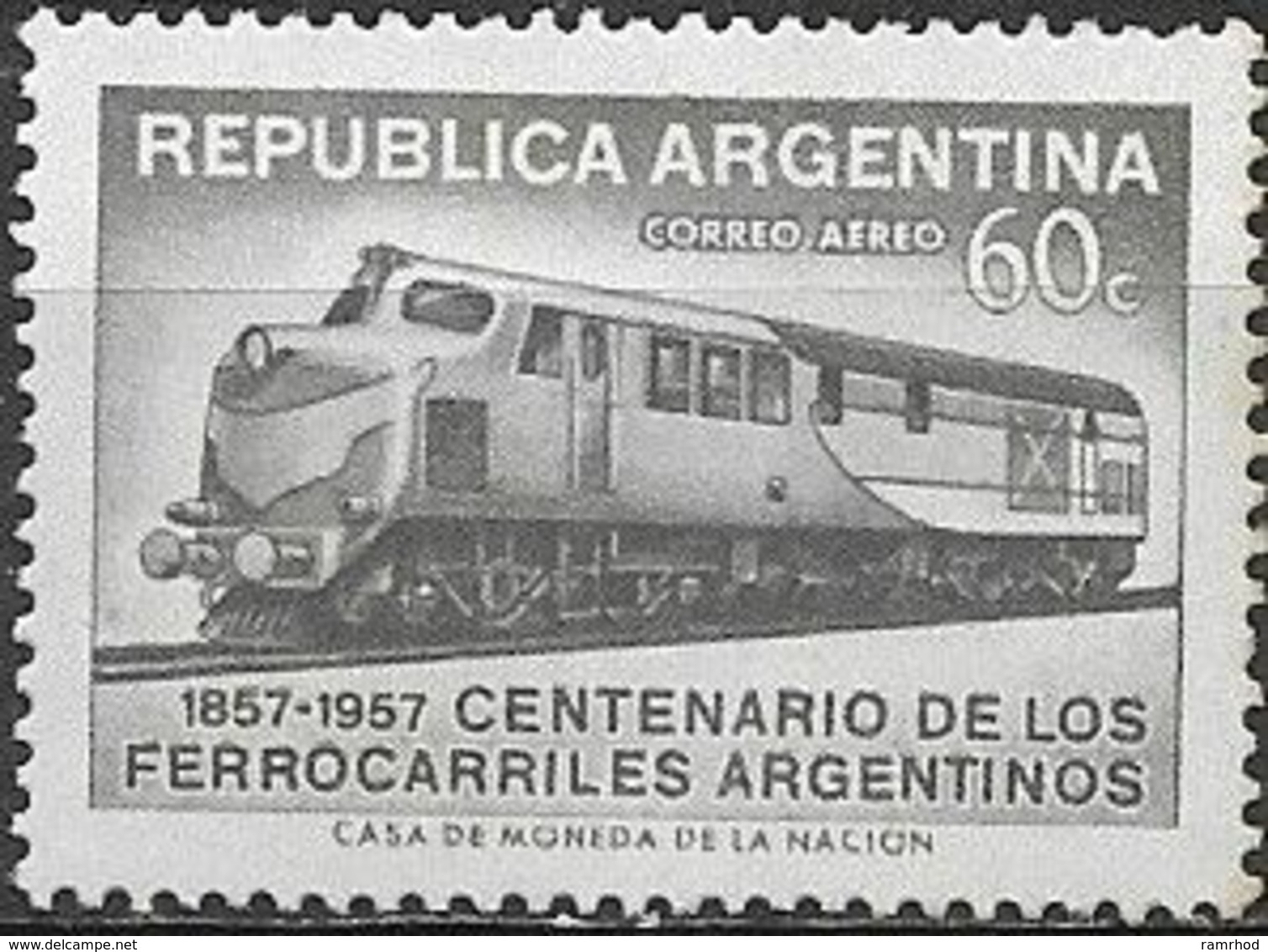 ARGENTINA 1957 Centenary Of Argentine Railways - 60c Diesel Locomotive MNH RUST SPOT ON BACK - Poste Aérienne