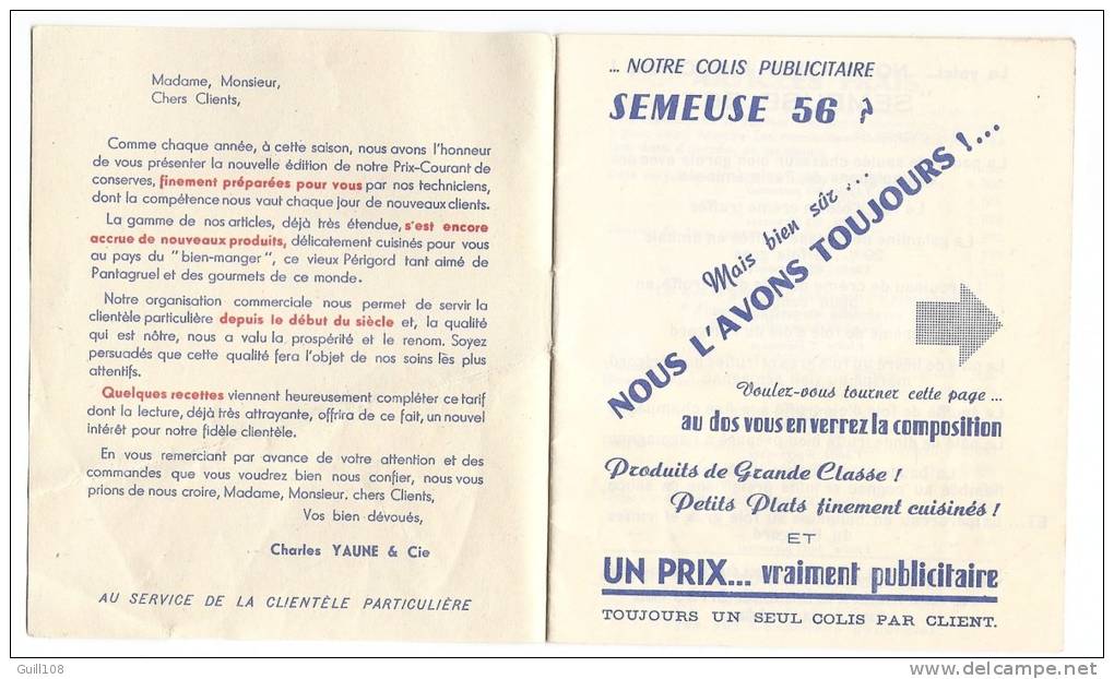 Catalogue Conserves Yaune Périgueux Dordogne Périgord 1957 Foie Gras Foies Truffe Oie Spécialité Imp. Ronteix A10-21 - Publicidad