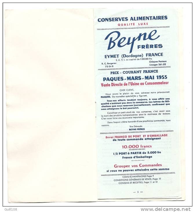 Catalogue Conserves Beyne Eymet Dordogne Périgord 1955 Foie Gras Foies Truffe Oie Spécialités Complet Bon Commande Cl 1 - Publicidad