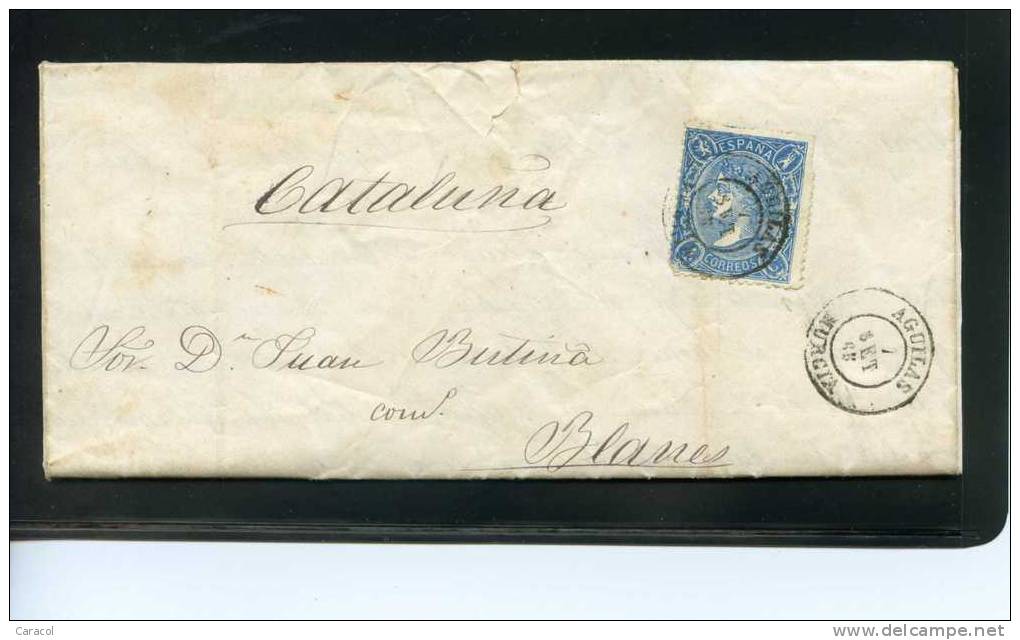 CARTA COMPLETA EDIFIL 75 DE AGUILAS  A  BLANES EN 1865  (12) - Covers & Documents