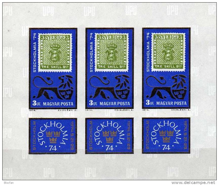 Exposition STOCKHOLMIA 1974 Ungarn 2981 B Kleinbogen ** 30€ Imperf. Stamp On Stamp Fogli Philatelic Sheetlet Bf Hungaria - Volledige & Onvolledige Vellen