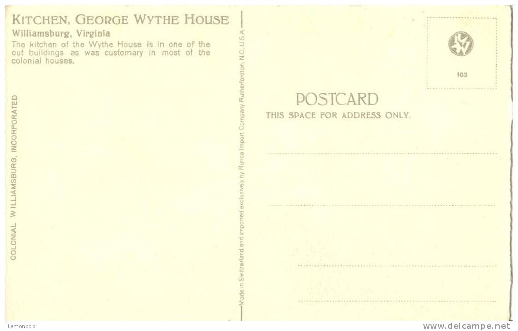 USA – United States – Kitchen, George Wythe House, Williamsburg, Virginia, 1920s-1930s Unused Postcard [P5772] - Other & Unclassified