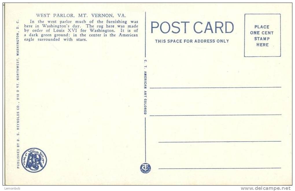 USA – United States – West Parlor, Mount Vernon, VA, 1910s-1920s Unused Postcard [P5796] - Other & Unclassified