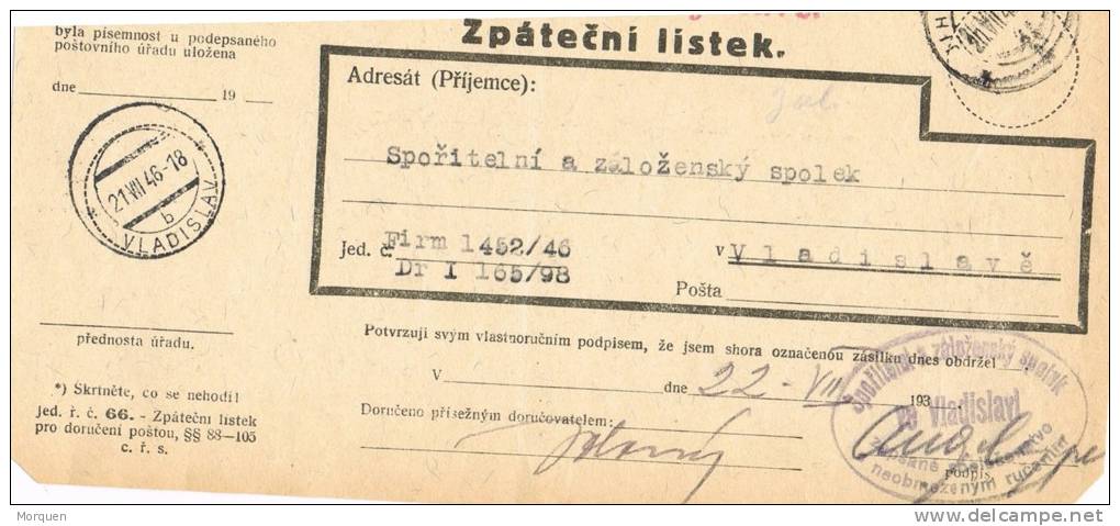 Resguardo Oficial JIHLAVA (Checoslovaquia) 1946. Ida Y Vuelta - Brieven En Documenten
