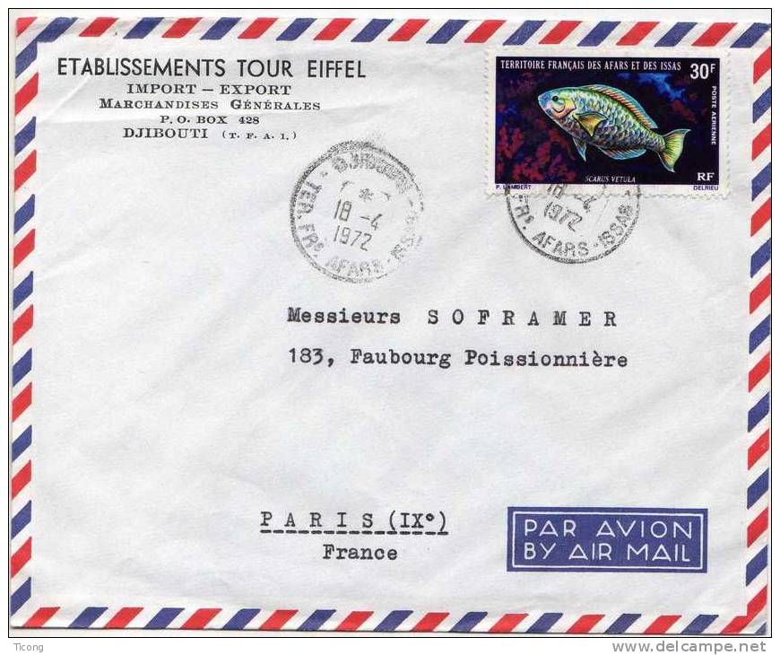 TERRITOIRE FRANCAIS DES AFARS ET ISSAS 1972 DJIBOUTI - ETS TOUR EIFFEL - POISSON SCARUS VETULA - Covers & Documents