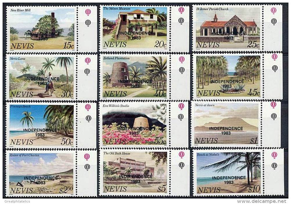 NEVIS 1983 INDEPENDENCE OVERPRINT RARE SET SC#170b-181b MNH (D01) - St.Kitts And Nevis ( 1983-...)