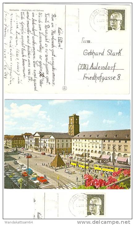 AK Karlsruhe - Marktplatz Mit Rathaus VW Käfer VW Bus Straßembahn Pyramide 4. 1. 72 - 17 75 KARLSRUHE 2 Mm Werbestempel - Karlsruhe