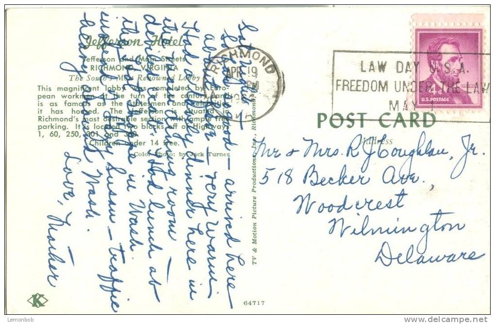 USA – United States – Jefferson Hotel, Richmond Virginia, 1960s Used Postcard [P5843] - Richmond