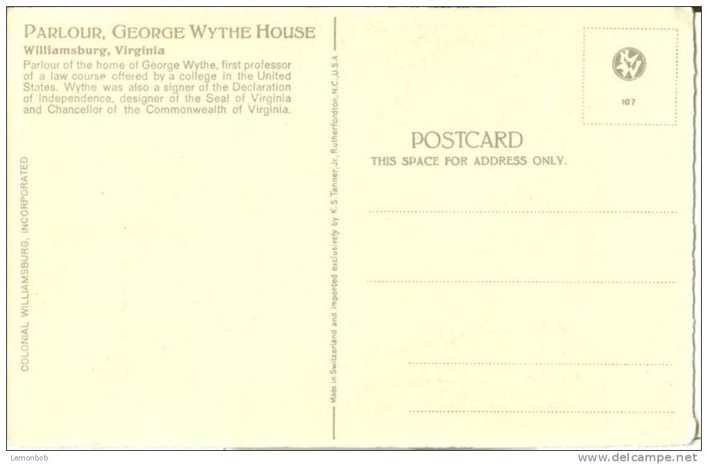 USA – United States – Parlor, George Wythe House, Williamsburg, Virginia, Early 1900s Unused Postcard [P5846] - Altri & Non Classificati