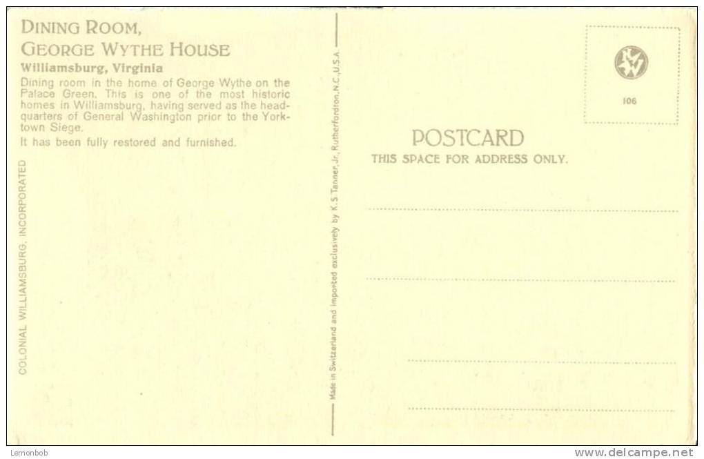 USA – United States – Dining Room, George Wythe House, Williamsburg, Virginia, Early 1900s Unused Postcard [P5847] - Other & Unclassified