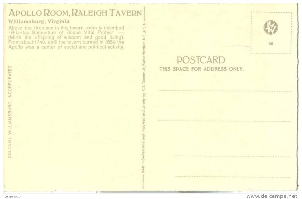 USA – United States – Apollo Room, Raleigh Tavern, Williamsburg, Virginia, Early 1900s Unused Postcard [P5848] - Other & Unclassified