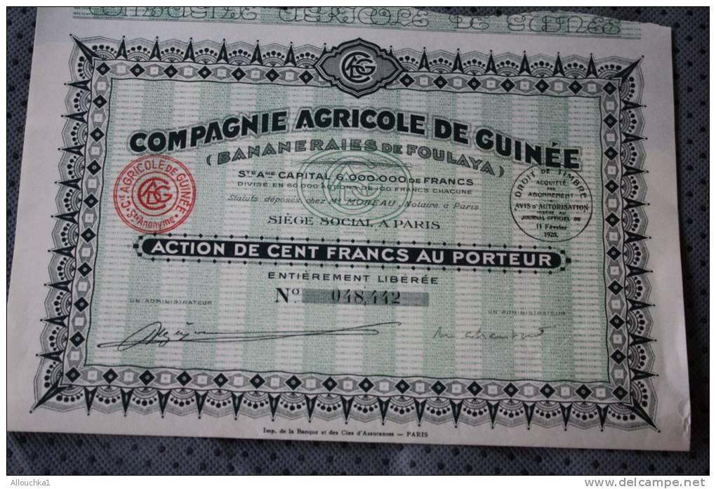 BANANERAIES DE FOULAYA - Paris 1928.Cie Agricole De La Guinée Française SCRIPOPHILIE - Agriculture