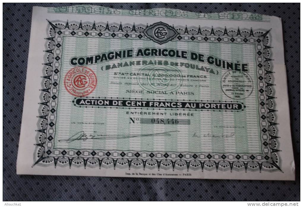 BANANERAIES DE FOULAYA - Paris 1928.Cie Agricole De La Guinée Française SCRIPOPHILIE - Agriculture