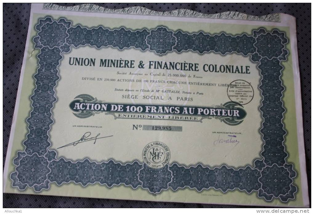 Union Minière Et Financière Coloniale , L'action De 100 Francs SCRIPOPHILIE - Mines