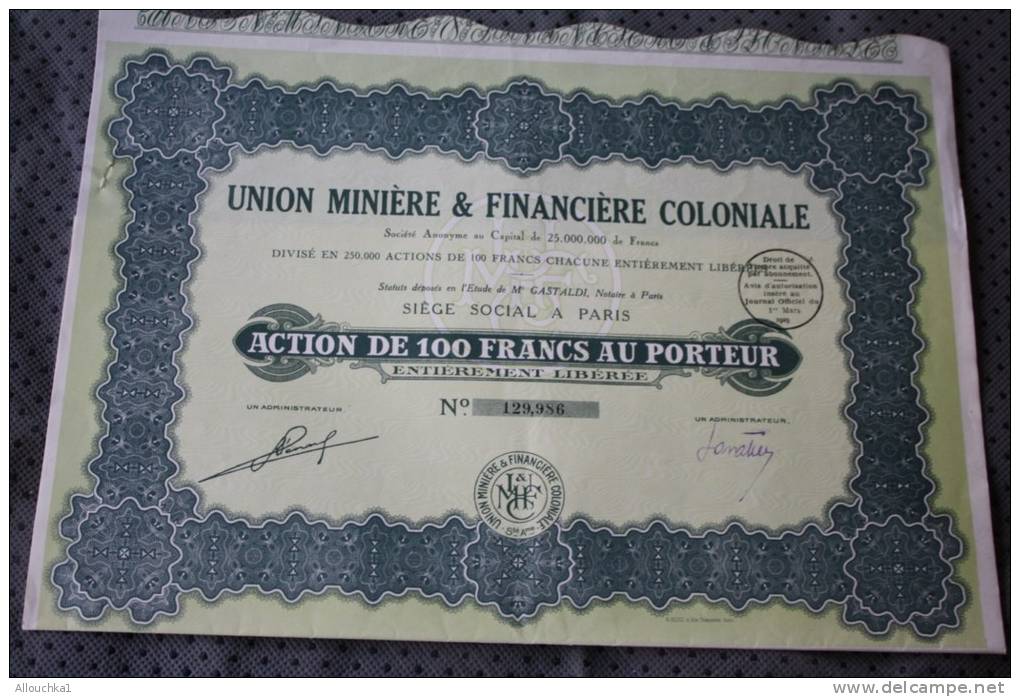 Union Minière Et Financière Coloniale , L'action De 100 Francs SCRIPOPHILIE - Mines