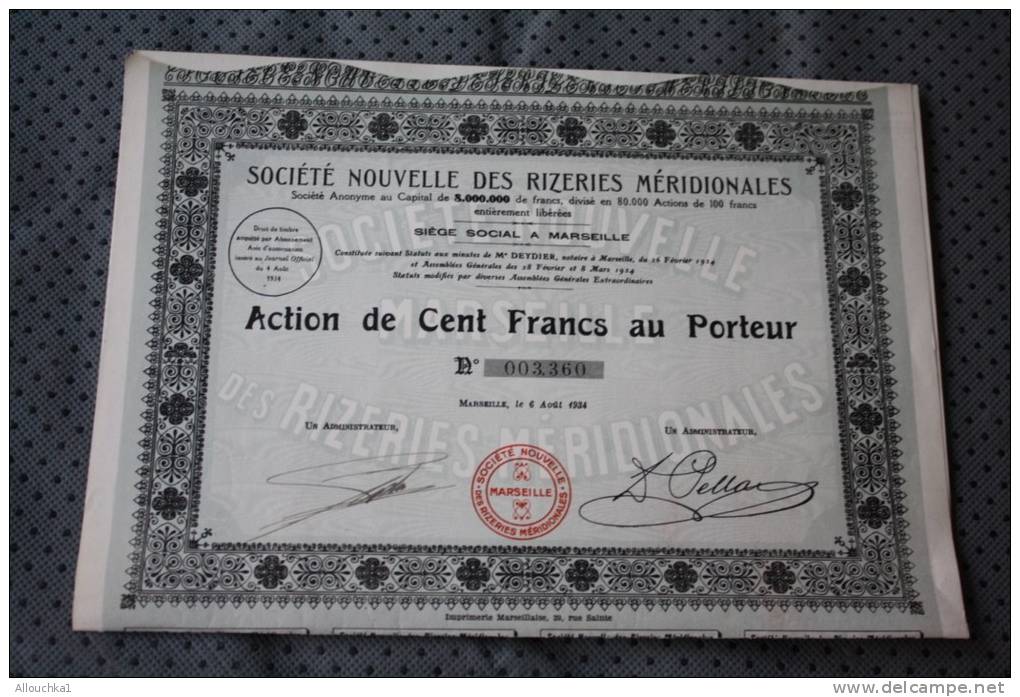 SIEGE A MARSEILLE  Nouvelle Des Rizeries Méridionales (Société)Typeaction 100 FrancsAnnée1934 SCRIPOPHILIE - Agriculture