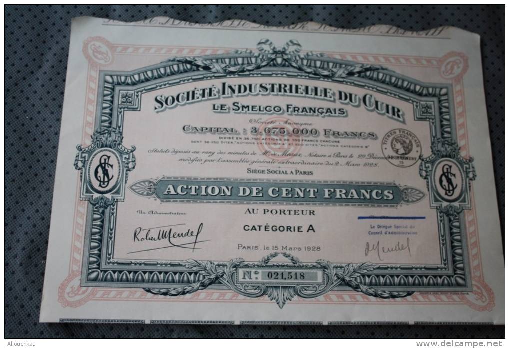 SOCIETE INDUSTRIELLE DU CUIR  LE SMELCO FRANCAIS 1927   SCRIPOPHILIE - Industrial