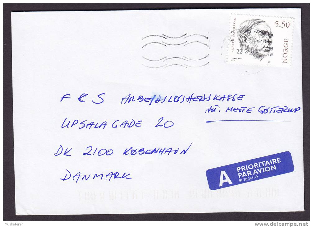 Norway A Prioritaire Par Avion Label 2001 Cover To KØBENHAVN Denmark Alfred Maurstad Stamp - Briefe U. Dokumente