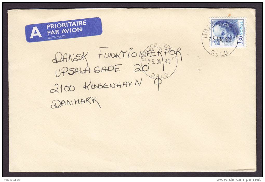 Norway A Prioritaire Par Avion Label Deluxe BRISKEBY (Oslo) 1992 Cover To KØBENHAVN Denmark - Lettres & Documents