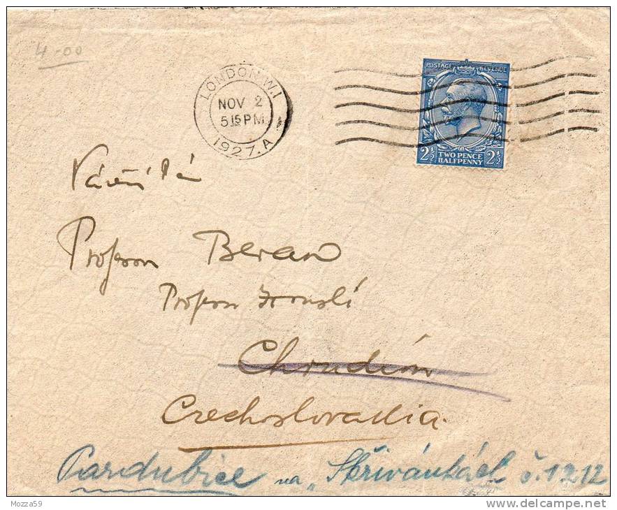 GB 1927, Letter To Chrudim,  Czechoslovakia, Redirected To Pardubice. London Postmark - Briefe U. Dokumente