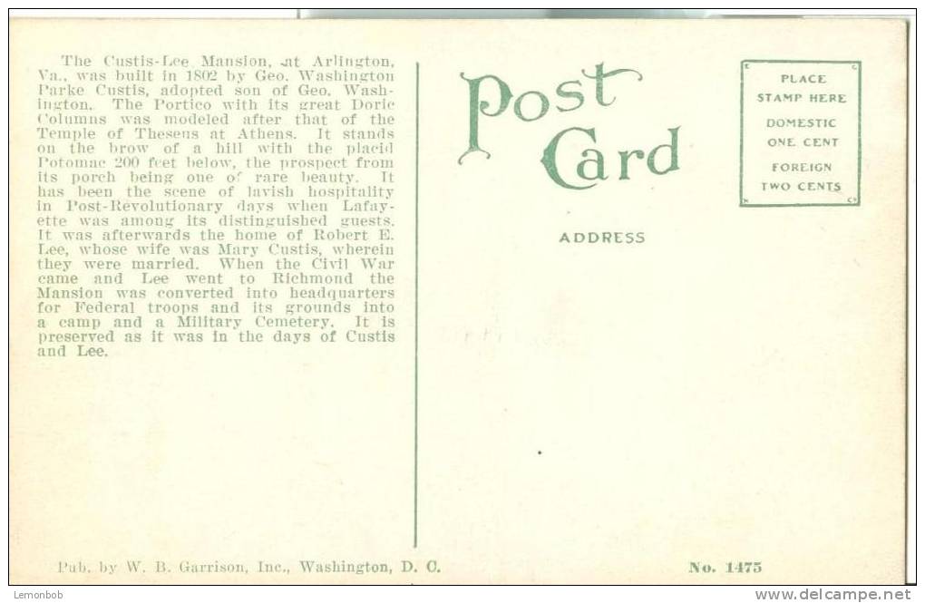 USA – United States – The Custis-Lee Mansion, At Arlington, VA, Early 1900s Unused Postcard [P5852] - Arlington