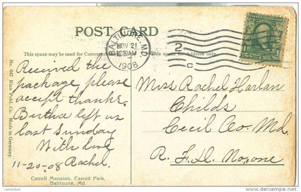 USA – United States – Carroll Mansion, Carroll Park, Baltimore, MD, 1908 Used Postcard [P5897] - Baltimore