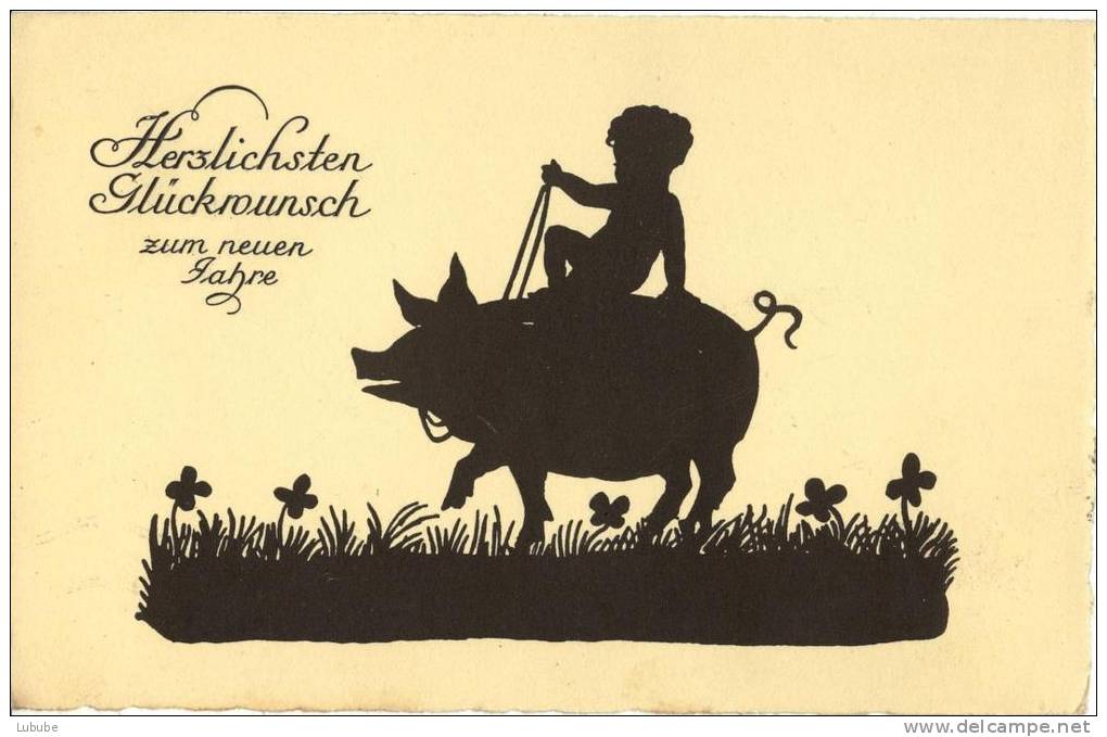 Neujahrskarte - Silhouette  "Kind Reitet Schwein"      1925 - Silhouette - Scissor-type