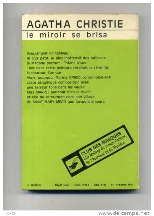 - LE MIROIR SE BRISA . PAR AGATHA CHRISTIE  . CLUB DES MASQUES 1976 - Club Des Masques