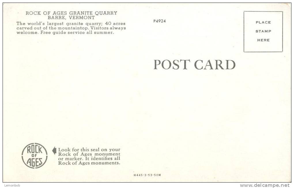 USA – United States – Rock Of Ages Granite Quarry, Barre, Vermont, Unused Postcard [P5913] - Barre