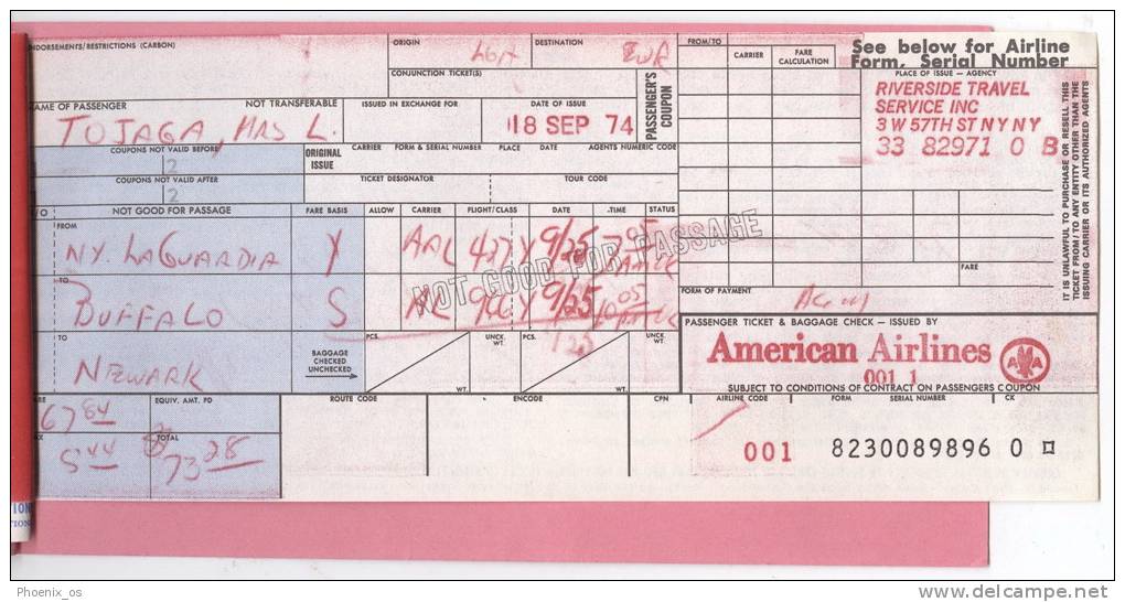 AMERICAN AIRLINES - 2 Passenger Ticket, Baggage Check, 1974. - World
