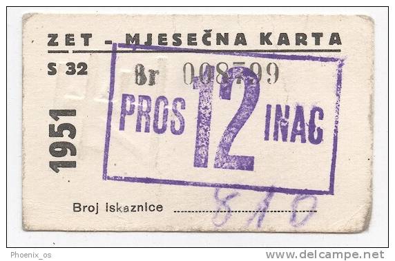TRAM / STRASSENBAHN - Monthly Ticket, 1951. Zagreb, Croatia - Europe