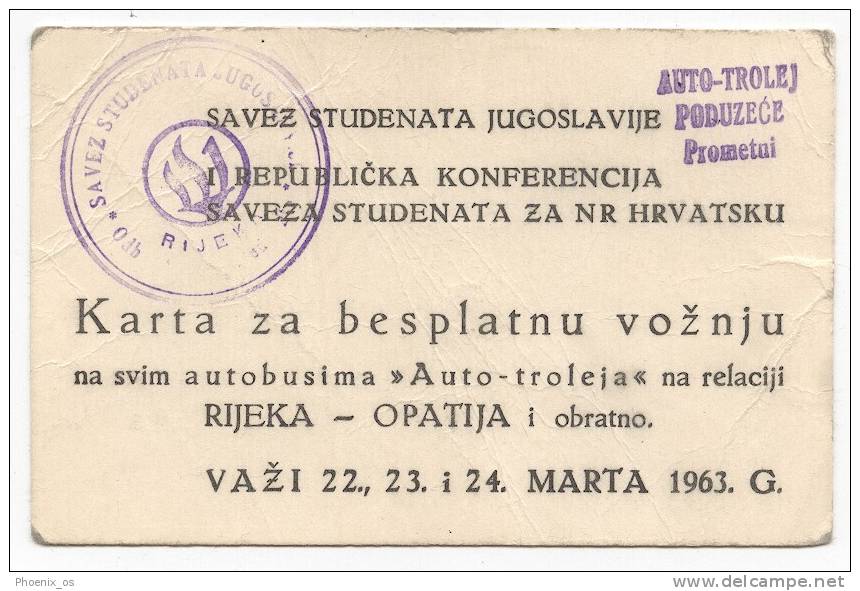 BUS - Student Card, Free, Rijeka / Opatija, Croatia, 1963. - Europe