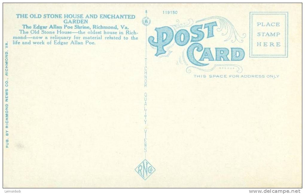 USA – United States – The Old Stone House And Enchanted Garden, Poe Shrine, Richmond, VA, 1920s Unused Postcard [P5936] - Richmond