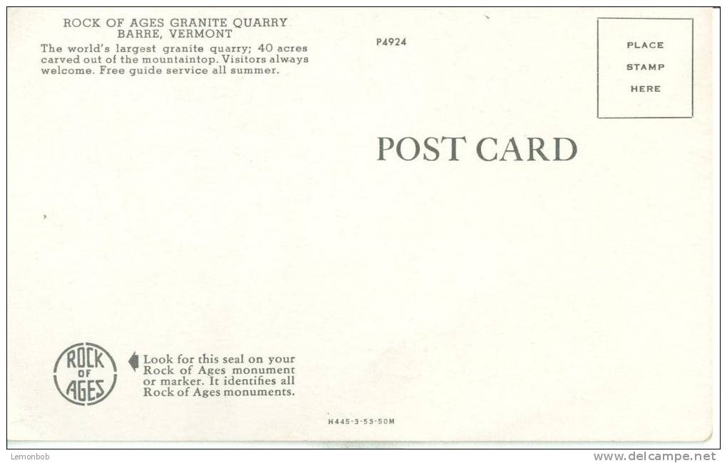 USA – United States – Rock Of Ages, Granite Quarry, Barre, Vermont, Unused Postcard [P5942] - Barre