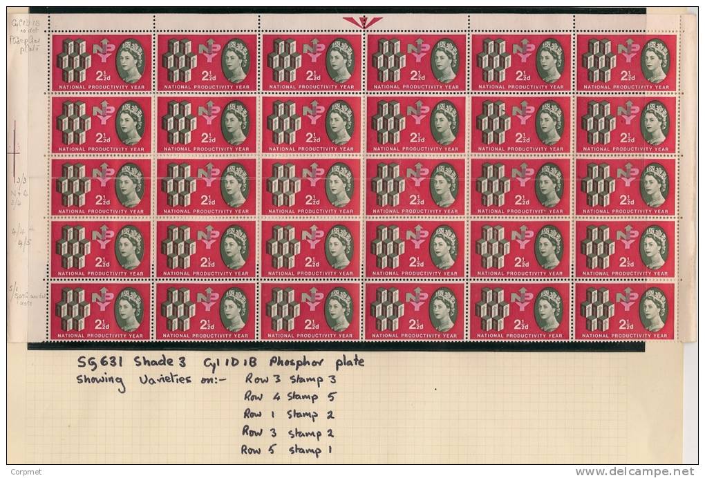 UK - Variety  SG 631 - Phosphor Plate - Pane Of 30 Showing 5 Varieties - SPEC CATALOGUE VOLUME 3 - Page 225 - MNH - Plaatfouten En Curiosa