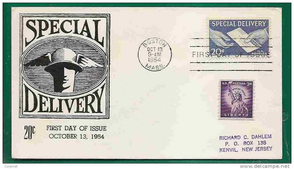 USA - SPECIAL DELIVERY 1954 Scott # E20 FDC +  LIBERTY 3c. COIL Stamp Sc. # 1057 - Special Delivery, Registration & Certified