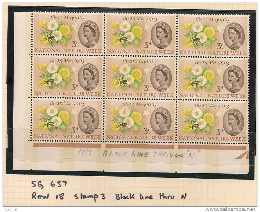UK - Variety  SG 637p - Pane Of 9 Showing Row 18 Stamp 3 BLACK LINE THRU N - SPEC CATALOGUE VOLUME 3 - Page 231 - MNH - Abarten & Kuriositäten