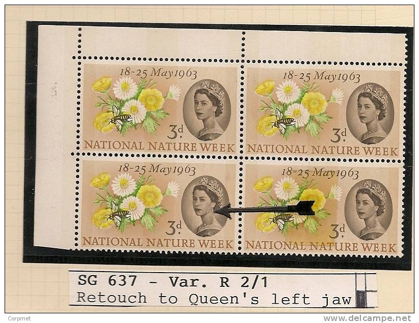 UK - Variety  SG 637p - Block Of 4 - Row 2 Stamp 1 RETOUCH To QUEEN´s LEFT JAW -SPEC CATALOGUE VOLUME 3 - Page 231 - MLH - Variétés, Erreurs & Curiosités